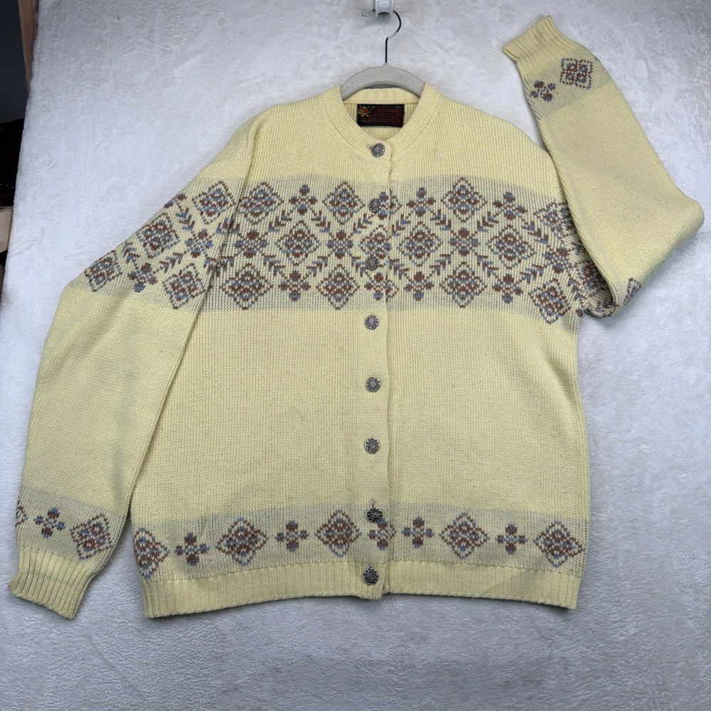 Vintage 60s Womens Yellow Patterned Cardigan Sweater Jersild XL Made USA